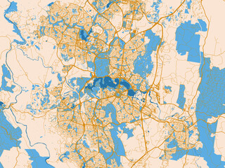 Fototapeta premium Minimal city map of Canberra, Australia with golden linework with blue water