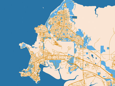 Street map of Darwin, Australia in gold and blue map palette