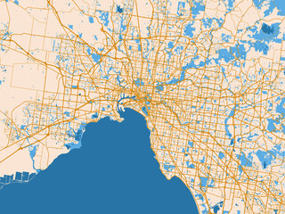 Naklejka premium Minimal city map of Melbourne, Australia with gold and blue map palette