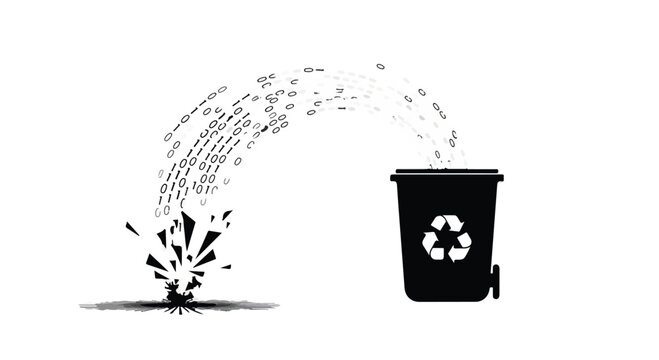 Data fragmentation and disposal represented by shattered code and recycling bin