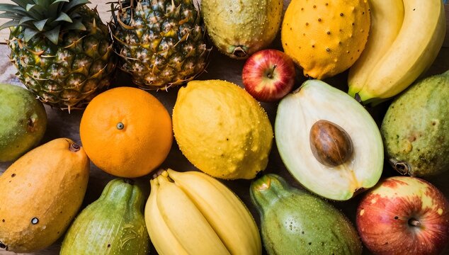 Top down shot of ripe tropical fruits arranged closely together on a wooden surface