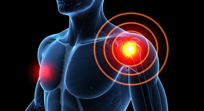 Human shoulder joint pain anatomy 3D illustration showing inflammation area