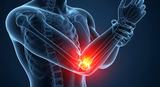 Human elbow joint pain and anatomy with glowing red inflammation 3D illustration