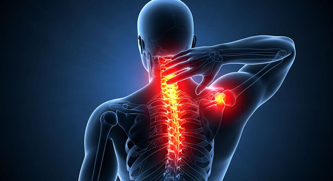 Human skeleton neck and upper back pain illustration with glowing spine