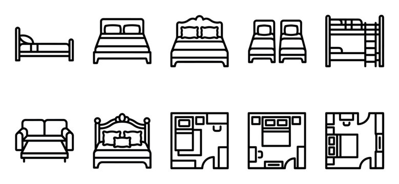 A collection of minimalist black and white line art icons representing various types of beds, including single beds, double beds, bunk beds, and floor plans.