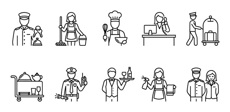 A collection of simple line art icons depicting various hotel service professionals including a doorman, maid, chef, receptionist, bellhop, waiter, security guard, and staff members.