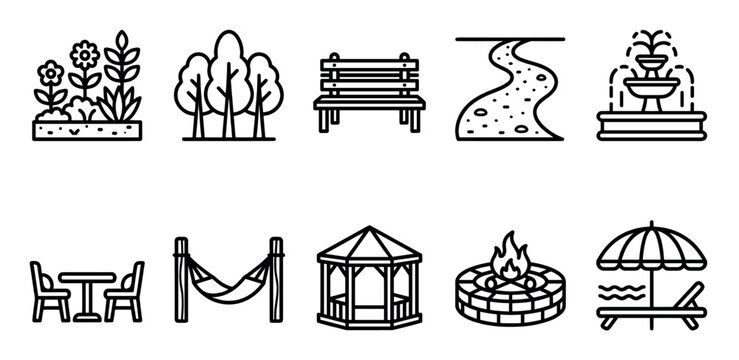 A collection of clean line art icons representing various outdoor recreation and leisure activities, including garden elements, seating, and relaxation spots.