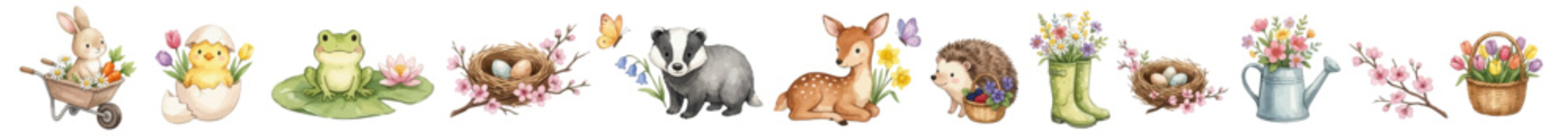 Naklejka premium Adorable woodland spring clipart with animals, flowers, eggs, baskets and nature elements in gentle watercolor style. Collection of Vector illustrations. Perfect for invitation, card, poster, banner, 