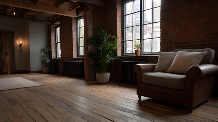Fototapeta premium Warm and inviting industrial loft interior with exposed brick wooden floors and a comfortable armchair bathed in natural light