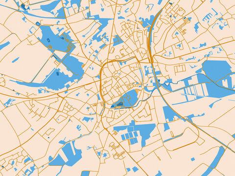 Street network map of Tongeren, Belgium, featuring light cream city field with mustard-gold linework and vivid blue lakes, rivers and waterways