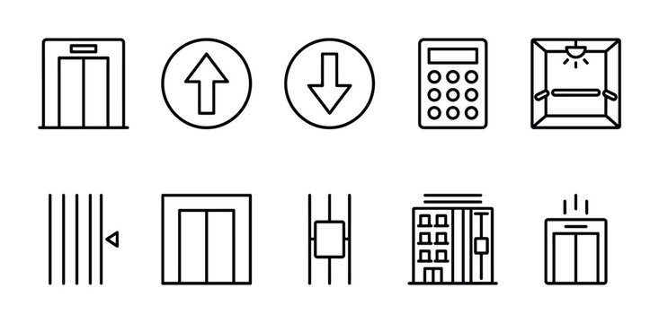 A collection of minimalist black line icons representing various elevator elements including doors, buttons, shafts, and buildings, perfect for technology and architecture concepts.