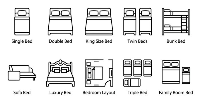 A collection of line art icons representing various bed types including single, double, king, twin, bunk, sofa, luxury, triple, and family room beds, plus a bedroom layout.