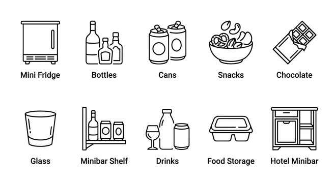 Clean line art icons represent various minibar items like a mini fridge, bottles, cans, snacks, chocolate, glass, shelf, drinks, food storage, and hotel minibar.