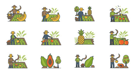 Fototapeta premium Farmers harvesting various fruits and vegetables.