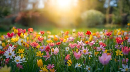 Obraz premium Beautiful colorful spring flower blooming in bright peaceful green meadow under warm morning sunlight creating joyful vibrant nature scenery for garden landscape background