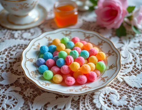 Close-up of multi-colored round dragee candies in sugar dusting on a plate