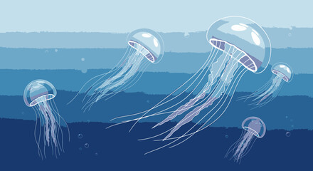 Group of jellyfish swimming underwater. © Fandi Comp