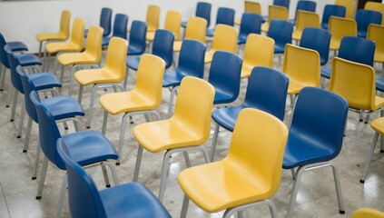 Fototapeta premium Rows of yellow and blue plastic chairs create a colorful pattern in an empty room