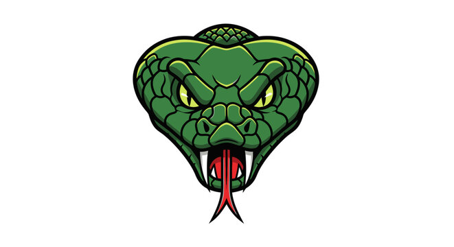 Green snake head with fangs out.