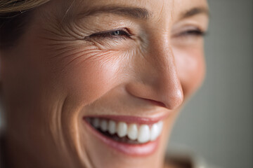 Fototapeta premium Mature smiling woman laughing with squinted eyes and pronounced crow's feet, bright white teeth, natural side lighting and soft neutral blurred background