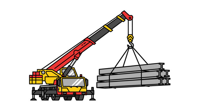 Heavy duty crane lifting metal beams.