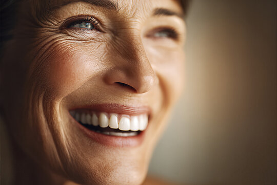 Smiling mature woman laughing in warm side light, close - up on bright white teeth, textured skin and deep crow's feet, subtle mauve lipstick and relaxed expression