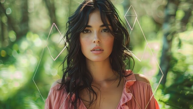 Dark-haired woman in pink top, geometric lines, blurred green nature background, direct gaze