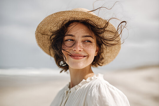 Young woman traveler in straw hat and white blouse, smiling with windblown hair and hat - dappled light on her cheeks as she strolls a sandy beach