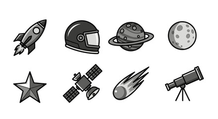 Space Icons Rocket Astronaut Helmet Planet Moon Satellite Meteor Telescope Star © Clovernand