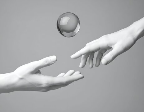 Surreal conceptual 3D rendering of two white marble hands reaching out to gently touch a floating clear glass sphere.