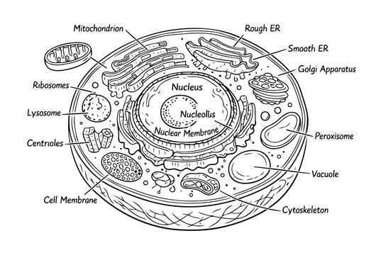 A detailed scientific diagram illustrating the complex internal structures of a eukaryotic cell Vector