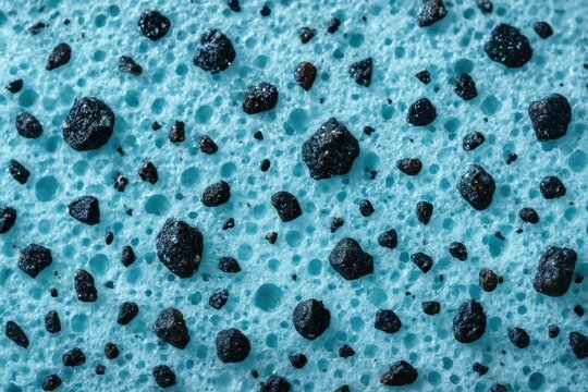 Macro view of porous foam with embedded dark mineral particles showing composite material structure and texture