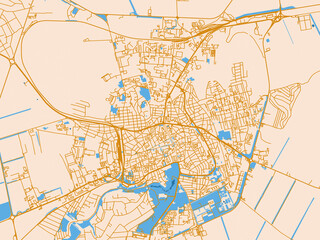 Fototapeta premium Urban map poster of BUL, Dobrich with warm neutral map design featuring golden roads, pale cream land and bright blue water accents