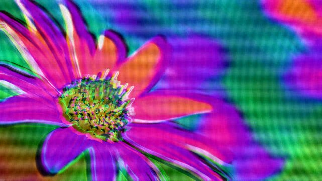 Neon glitched flower with chromatic aberration and scanline distortion flickering on psychedelic background. Looping botanical texture for summer festival flyer and rave poster design.