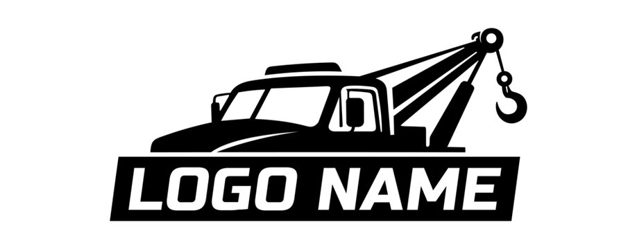 Monochromatic silhouette logo design featuring a heavy-duty tow truck with a prominent crane and hook, ideal for towing services or automotive businesses.