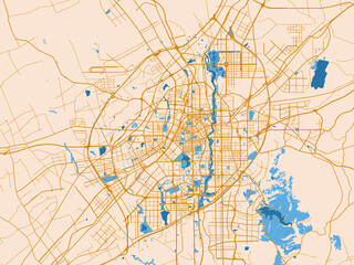 Naklejka premium City map of Changchun, China — soft ivory map base with ochre-gold streets and clear blue water shapes for crisp contrast