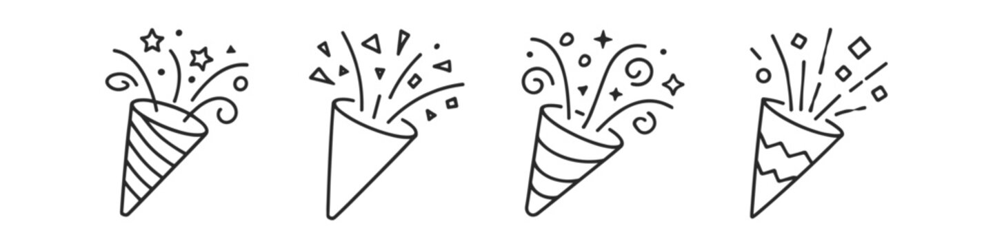 Set of four festive party popper icons exploding with confetti and stars