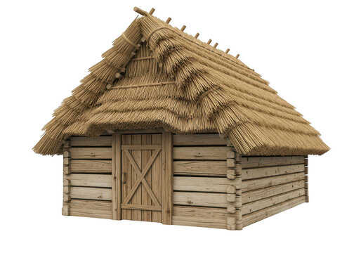 Traditional wooden hut with thatched roof isolated on transparent background