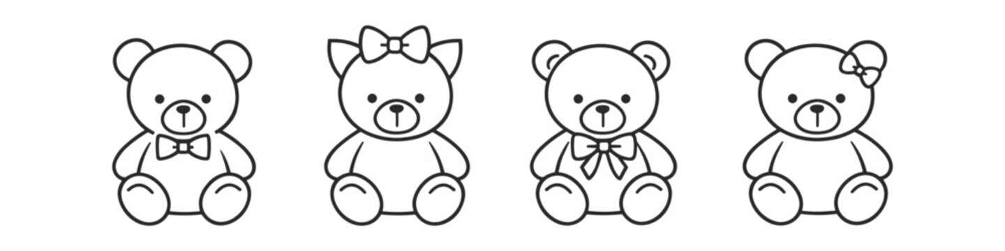 Cute teddy bear icons with bows, simple line art for children's designs