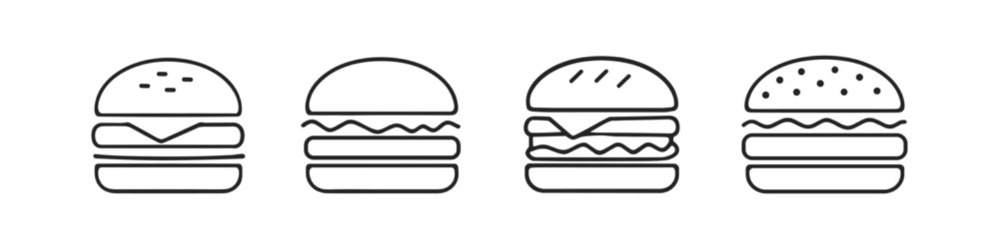Collection of simple line art hamburger icons with different toppings and buns