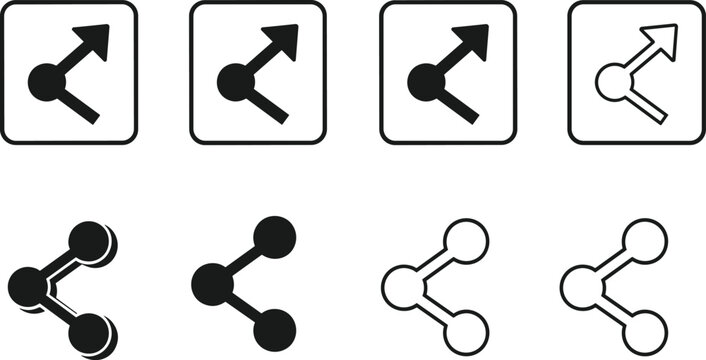 Share icon illustration set, eight unique variations in solid, outline, and bordered styles for digital interface and UI design - flat vector illustration