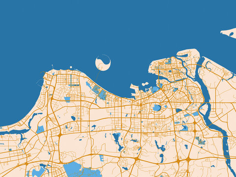 Street network map of Haikou, China, cream map with golden roads