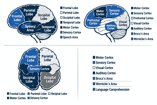 Educational diagram illustrating the various anatomical lobes and functional areas of the human brain Vector