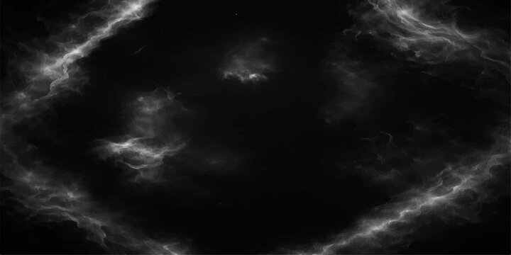 Abstract black and white smoke swirls in a looping animation to create a dark stormy cloudscape of wind and rain against a moody night sky
