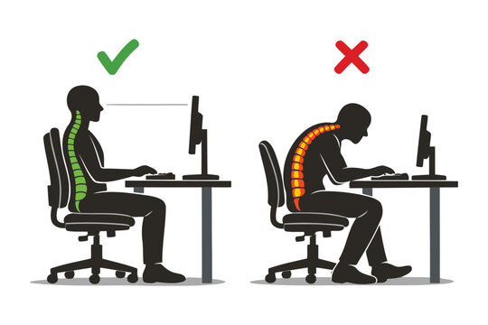 Correct versus incorrect sitting posture for office workers working at a computer desk station Vector