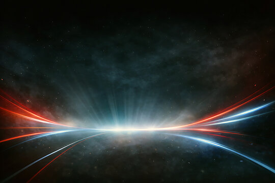 Vibrant light rays in space with red and blue streaks across the galaxy