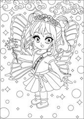 Fototapeta premium Princess Chibi Girl With Wings And Magic Wand Celebrating Birthday Coloring Pages for Kids Vector