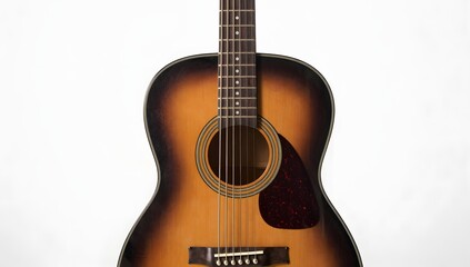 Obraz premium Close up of a sunburst acoustic guitar on a white background for music concepts