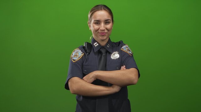 Woman police officer wearing badge and radio with arms crossed and smiling in studio; confidence authority.