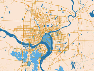 Fototapeta premium Urban map poster of Xiangyang, China – cream map with golden roads